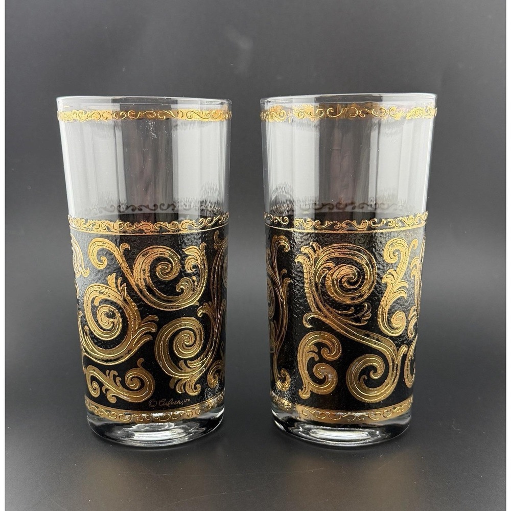 MCM Culver Ebony Baroque Black & Gold Highball Collins Glasses 12 oz Set of 2